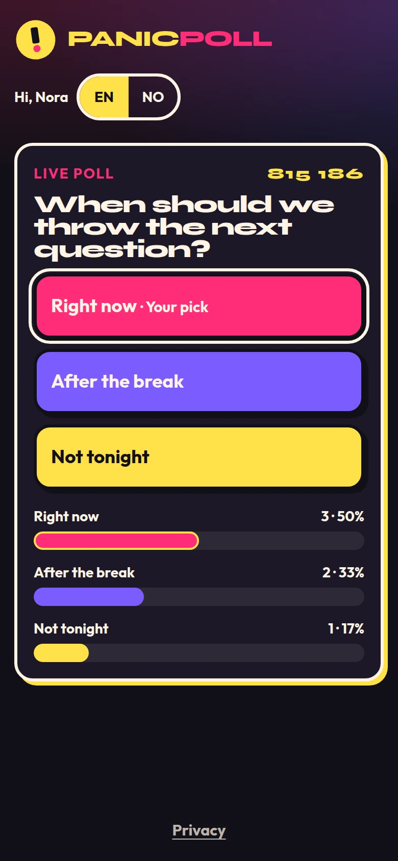 A phone showing the guest screen for joining a PanicPoll room.