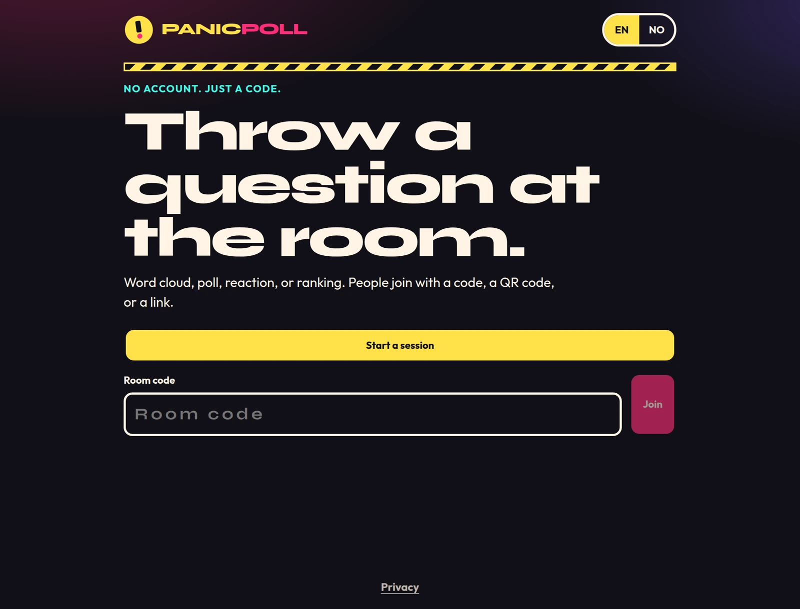 PanicPoll home screen. The headline says Throw a question at the room.