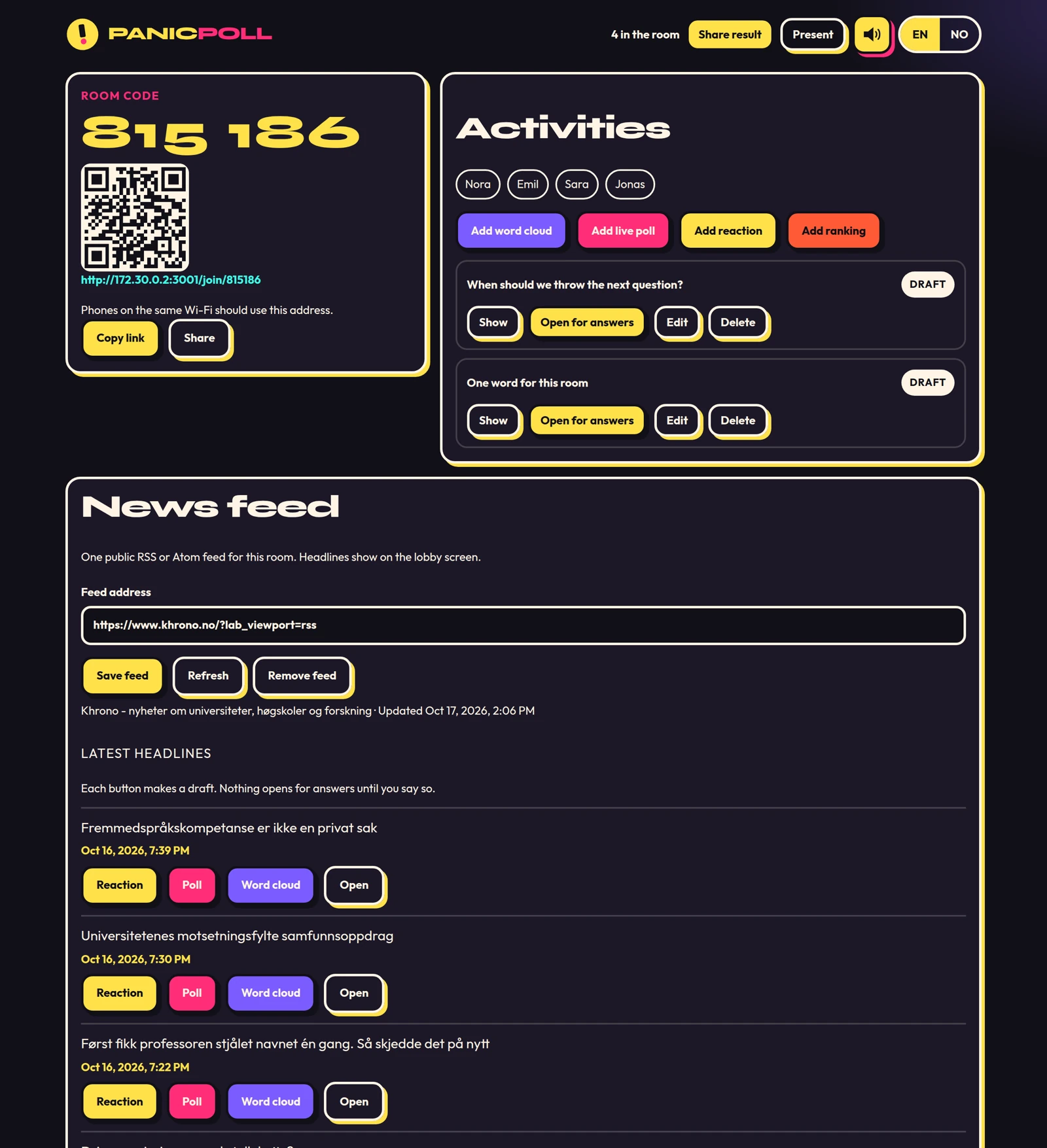Host screen for adding a word cloud, live poll, reaction, or ranking.